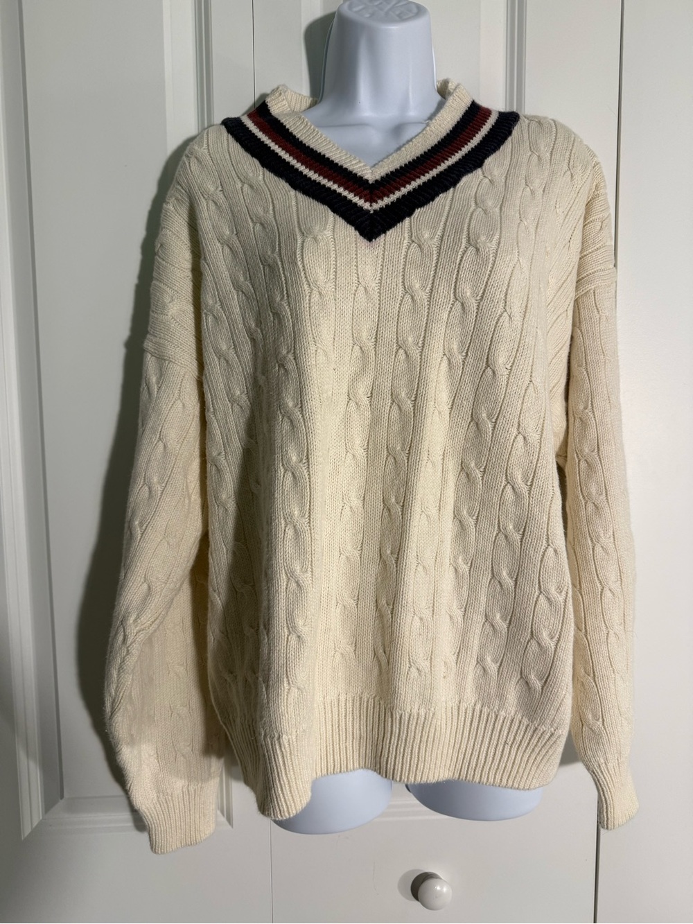 Classic Men's V-Neck Cable Knit Sweater in Cream with Navy & Maroon Trim